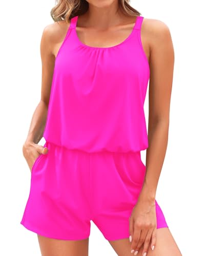 Image of Tempt Me Women Romper One Piece Swimsuits with Short | with Pockets, Modest, Removable cups, Boyleg, Full coverage