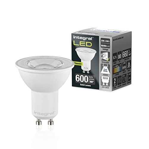 Integral Bombilla LED 5 PACK GU10 Blanco Frío 4000K, 600LM, 5,7W (equivalente a 75W) Regulable - Eficiencia energética e ideal para focos y luces empotradas en baños, cocinas, salones y dormitorios
