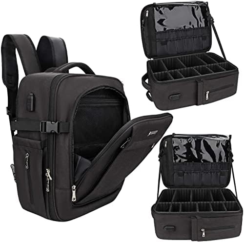Relavel Estuche de maquillaje extragrande, estuche de viaje para tren de maquillaje profesional, bolsa organizadora de uñas, caja organizadora portátil con separadores ajustables y correas de hombro, Oxford Pro negro, z makeup backpack, 1207-1