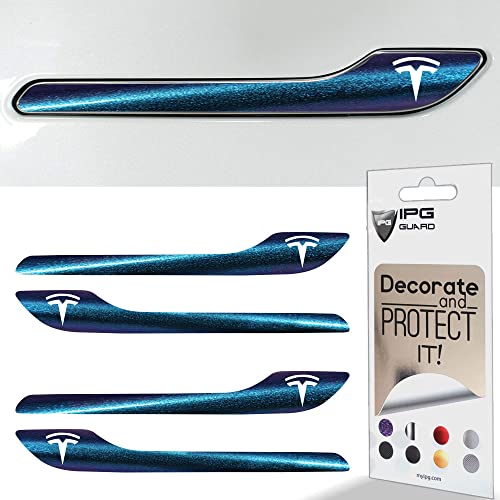 Image of IPG Compatible for Model 3 / Model Y /Juniper Door Handle Decal Sticker Wrap Kit (Set of 4) with Tesla Logo Personalize Your Tesla (Chameleon - Purple to Navy Blue)