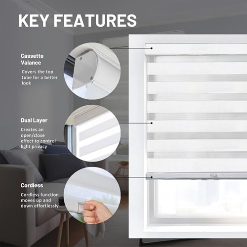 CHICOLOGY Zebra Blinds Cordless Window Shades, Dual Layer Light Filtering Roller Shades for Windows, Sheer Privacy Striped Fabric, Easy Install, 43" W x 72" H, Basic Arctic by CHICOLOGY - Image 5