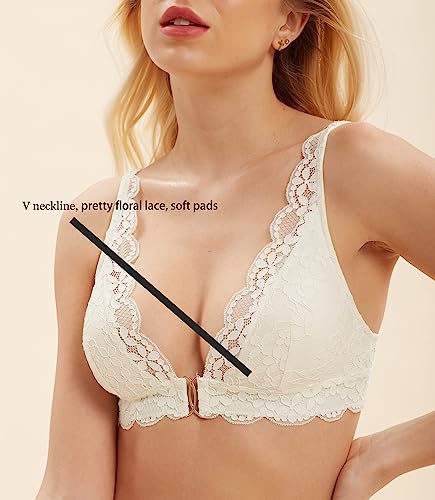 Uca Lingerie White Triangle Lace Bralette, Wireless Plunge Bra With Removable Pads Racerback For Everyday Comfort(34B,White) #TOP1