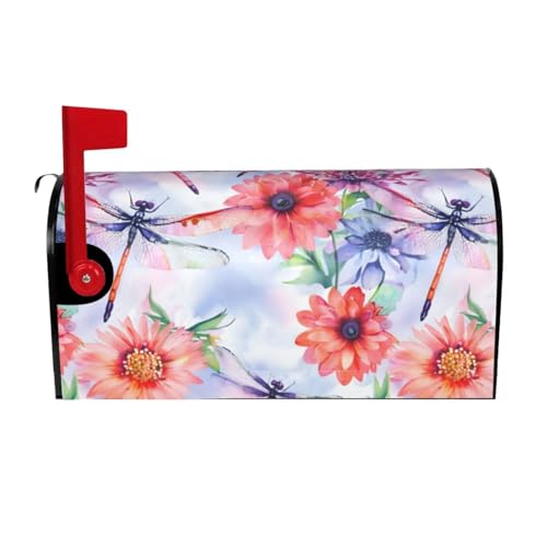 Image of Spring Summer Mailbox Cover Magnetic Watercolor Dragonflies and Flowers Waterproof Mailbox Wraps Post Letter Box Decor 21x18 in