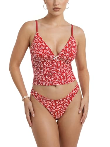 Rosegalette Women's Retro Red Floral Print Bowknot Plunging Neck Cheeky Tankini Set,Red,L