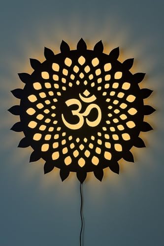Image of Navneet Creation Wooden Om Mandala Wall Hanging With Backlit LED Light Wall Decor for Living Room & Bedroom | Handmade Home Decorative Items for Home And Office | Best Gift Items (45, Centimeters, 45, Centimeters)