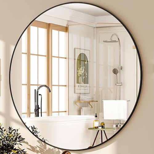 Genjitsu 鏡 壁掛けミラー 丸鏡 壁掛け鏡 洗面台 鏡 壁 洗面鏡 浴室 玄関 洗面所 鏡 化粧鏡 かがみ 円形 鏡 壁掛け 丸(ブラック,直径50cm)