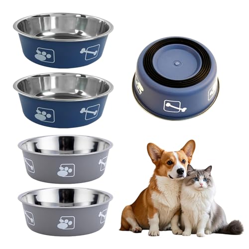 Set di 4 ciotole per cani in acciaio inox con base in silicone antiscivolo, 800 ml, per cani e gatti, 17,5 cm, adatte per cani piccoli, medi e grandi dimensioni (grigio e blu)