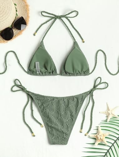 Image of ZAFUL 2 Piece Triangle Bikini for Women Knitted Rope Halter Bikini Sets Sexy Bathing Suit Side Tie Swimsuits Beachwear