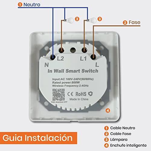 Miniatura 4 de Interruptor Inteligente Wifi 2 Pulsadores, Color Blanco, Apariencia Clasica Con Medidas Standard, Pulsador De Pared Control Mediante App Smart Life, Compatible Con Alexa, Google Assistant Y Siri