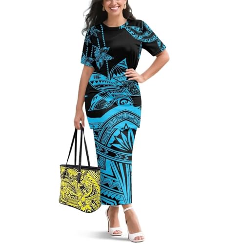 Image of Puletasi Samoan Traditional 2 Piece Outfits for Women Short Sleeve Crop Top and Maxi Skirt Sets Puletasi Dress