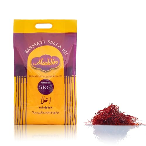 Aladdin Basmati-Reis aus Pakistan 5kg – Premium Qualität, extra lang & aromatisch – inklusive 1g Safran Super Negin für besonderen Geschmack