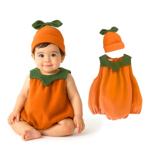 monoii ハロウィン 衣装 ベビー かぼちゃ ロンパース カバーオール カボチャ ズボン コスプレ 南瓜 パンツ 赤ちゃん コスチューム 仮装 コス かわいい 帽子 セット e0380