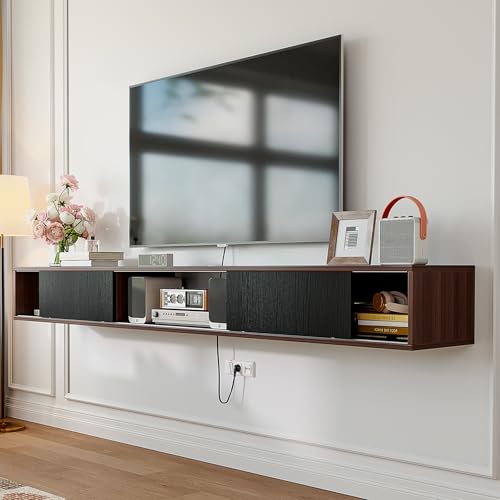 FloatiCasa 47 in Plywood Floating TV Stand with Sliding Doors, Modern Wall Mounted Media Console for Bedroom & Small Living Room, Space-Saving Entertainment Center with Wire Holes,Walnut