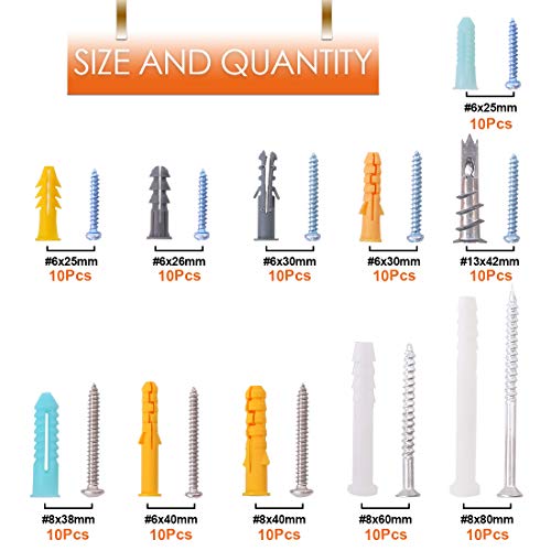 Rustark 220Pcs Plastic Drywall Anchors Screws Assortment Kit Hollow Drywall Ribbed Anchors with Screws Perfect for Drywall, Hollow-Wall Hanging Wall Shelf or Blinds