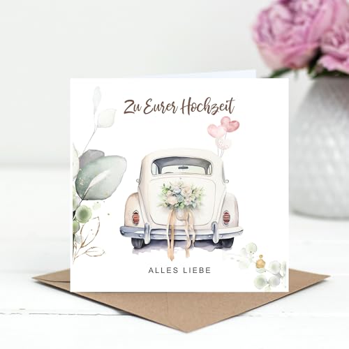 FORYOU24 MYPRINTZ Glückwunschkarte zur Hochzeit mit Umschlag aus Kraftpapier. Hochzeitskarte Grußkarte Vermählung Just Married Wedding Motiv Auto (KT_116)