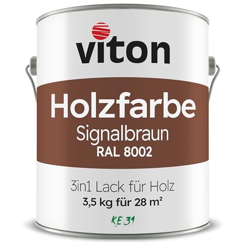Viton Holzfarbe in Braun - 3,5 Kg Holzlack Seidenmatt - Wetterschutzfarbe für Außen - 3in1 Grundierung & Deckfarbe - Profi-Holzschutzlack - KE31 - RAL 8002 Signalbraun