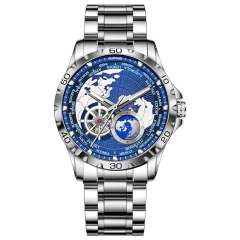 GLENAW Automatic Watches for Men, Blue Rotating Little Earth Blue Dial Men's Tourillon Mechanical Watch Luminous Hands, 3atm Waterproof Steel Strap Stopwatch (8988-Silver Case) Cover