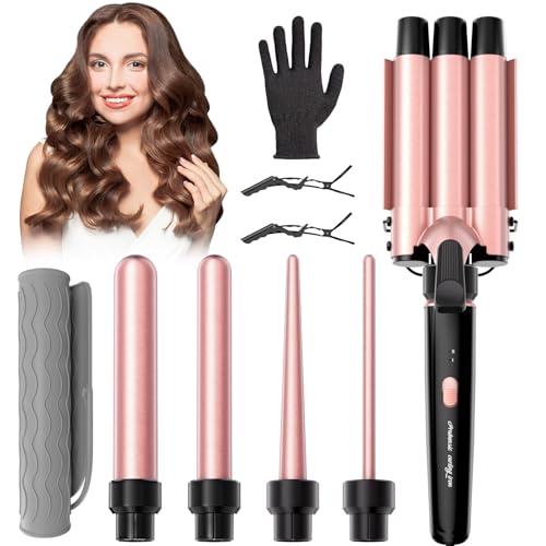 5 in 1 Curling Iron, Curling Wand Set with 3 Barrel Crimper Hair and 4 Interchangeable Ceramic Curling Wand(0.35”-1.25”), Fast Heating Hair Curler, Include Glove & Clips-Pink