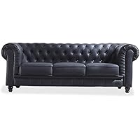 Chesterfield, Sofa de Tres Plazas, Sillon Descanso, 3 Personas, Acabado en Simil Piel Color Negro y Capitone, Medidas: 211 cm (Largo) x 84 cm (Fondo) x 75 cm (Alto)