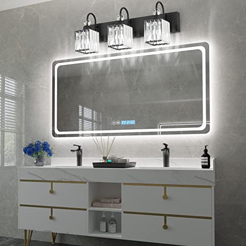 Image of Ralbay Modern Crystal Black Vanity Light 3 Light Bathroom Light Fixtures Over Mirror Matte Black Crystal Bathroom Wall Lighting