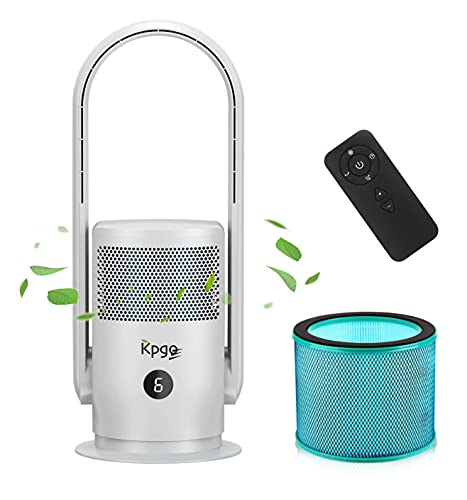 Kpgo Ventilatore da Tavolo Senza Lama con Purificatore d'Aria, Ventilatore a Colonna con Filtro HEPA, Ventilatore Portatile e Silenzioso, Bianco