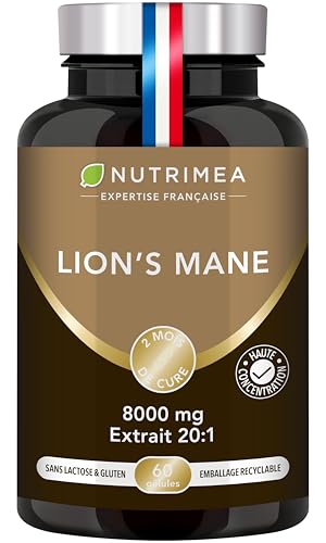 LIONS MANE – 8000 mg – Champignon Hericeum Erinaceus – Extrait 20:1 Titré à 20% en Polysaccharides – Crinière de Lion Hautement Dosé – 60 Gélules Vegan – Nutrimea – Expertise Française