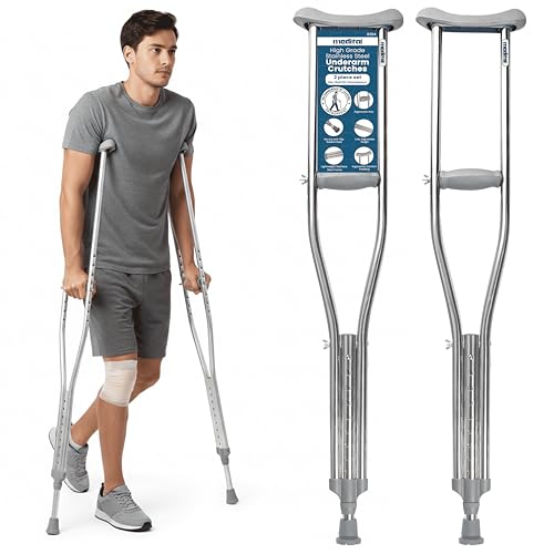 MEDITAL Underarm Crutches for Adults - 2 Piece Lightweight 112–132cm Adjustable Stainless Steel Crutches with Ergonomic Grip - Comfort Padding, Anti-Slip Rubber Base Adult Crutches for Men & Women
