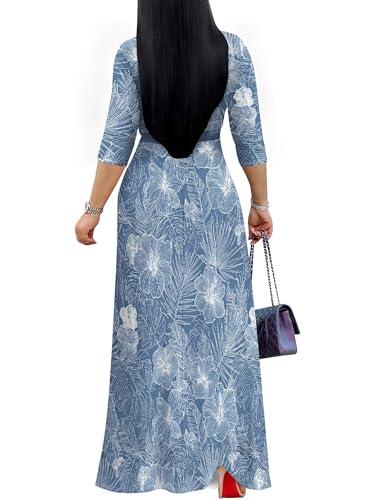 Image of PinkPatty Plus Size Maxi Dress for Women Casual V Neck 3 /4 Sleeve Boho Printed Long Dress with Pockets