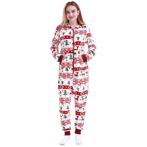 MAGICMK Women's & Men's Christmas Pajamas Hoodie Fleece Onesie Suit Full Zipper Jumpsuits with Pockets