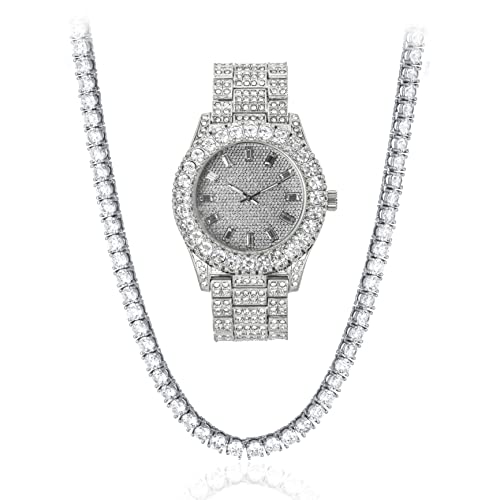 Womens Iced Solitaire Bezel Watch & Chain Set, 44mm Case - Silver Baguette Dial, Tennis Chain