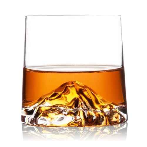 Image of Premium Mountain Base Whiskey Glass Set of 4, 230ml Crystal Tumblers for Bourbon, Scotch & Cocktails (4, Everest)