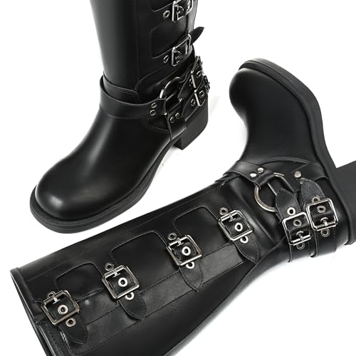 Image of AMINUGAL Knee High Boots Women Square Toe Pull On Wide Calf Riding Fashion Buckles Chunky Metallic Casual Vintage Buckle Rivet