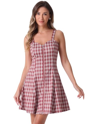 Image of Allegra K Women's Plaid Tube Dress Zip Up Strap Sleeveless Party Mini A-Line Dress