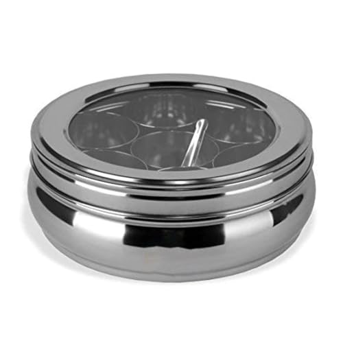 ABC Premium Stainless Steel Masala Dabba | Traditional Indian Spice Box Container with 7 Individual Cups Inner Lid Clear Outer Lid & Spoon