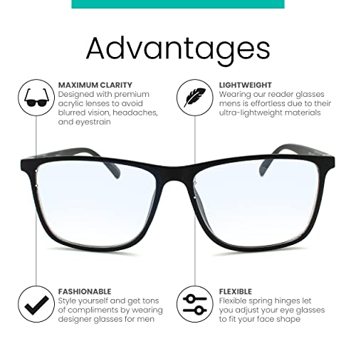 Matte Black Large Frame Reading Glasses Men To Look Modern With High Vision - Sturdy & Durable Readers For Men - Comfortable Spring Hinges For All Face Shape Mens Glasses - 2.0 Reading Glasses Mens #TOP6