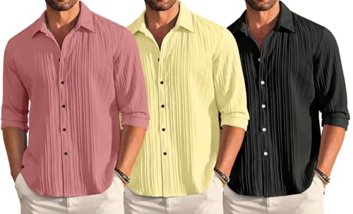 Image of FINIVO FASHION Combo of Men's Casual Cotton Plain Button Down Shirt Long Sleeve Textured Summer Beach Shirt for Men Pack of 3