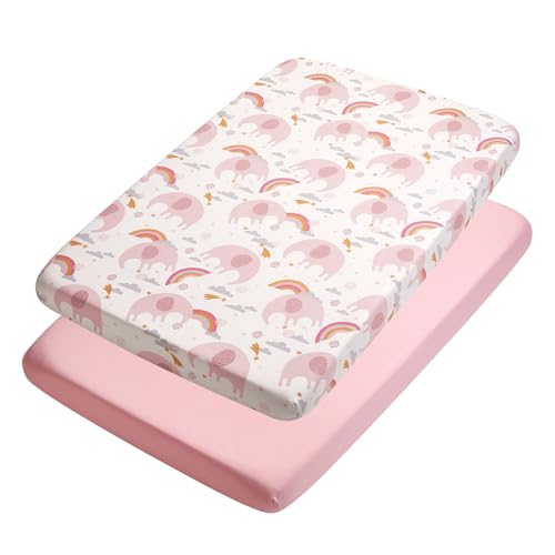 Image of TILLYOU Mini Crib Fitted Sheets - Soft Knit Sheet for Pack N Play, Microfiber Mini Crib Sheets, 38 x 24 Playpen Bedding Sheet for Baby 2 Pack, Machine Washable, Rainbow Elephant