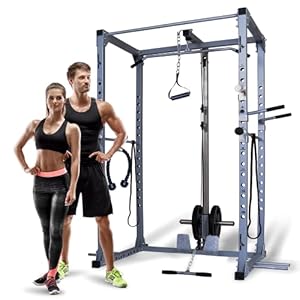 Gymnastics Power Rack with 24 Accessories, Squat Rack with LAT Pulldown and Pull Up Bar, Commercial High Capacity Home Gym Machine with All Equipment Included (Power Rack with LAT Pulldown System)
