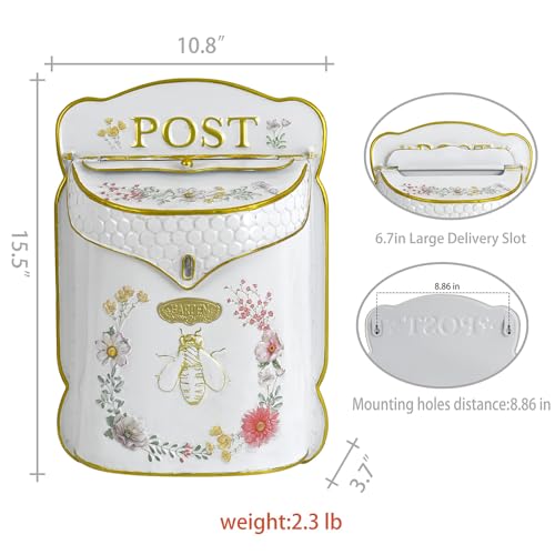 Image of Wall Mount Mailbox for Outside Vintage Mail Boxes for House Outside Metal Door Mailbox Drop Box Antique Style Nostalgic Charm Home Decorative, Bee Pattern, White