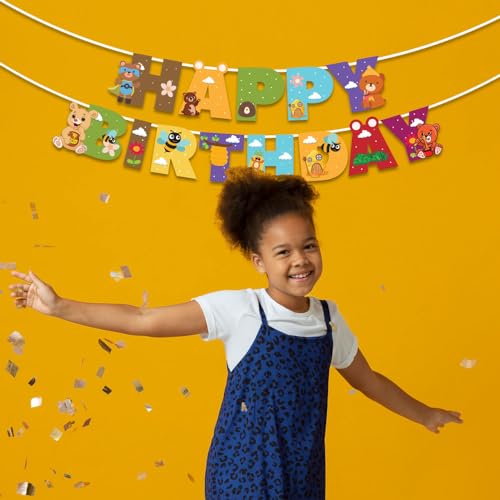 Image of Festiko Bear Theme Happy Birthday Banner With Ribbon, Hanging Decoration Supplies, Bear theme birthday decorations