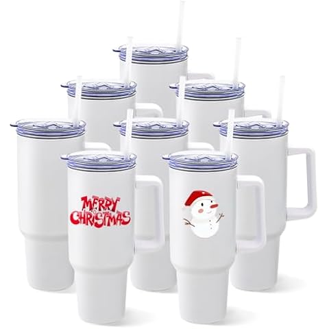 YOUKE OLA 8 Pack Sublimation Tumblers 40oz with Handle Blanks Stainless Steel Insulated Large Tumbler Bulk Coffee Travel Cups for Tumbler Heat Press Sublimation Oven Printing, White Cover