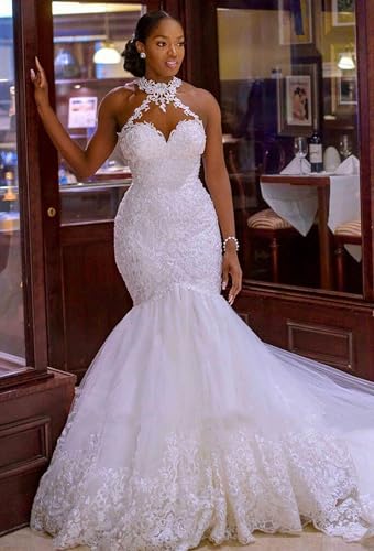 BONOYUER Mermaid Wedding Dresses for Bride Lace Appliques Tulle Halter Long Bridal Gown with Train2