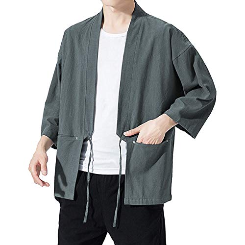 Haseil Men\'s Kimono Cardigan Japanese Jackets Casual Cotton 3/4 Sleeve Shirt Open Front Coat Lightweight Linen Outwear, Grey, Tagsize 4XL=USsize 2XL