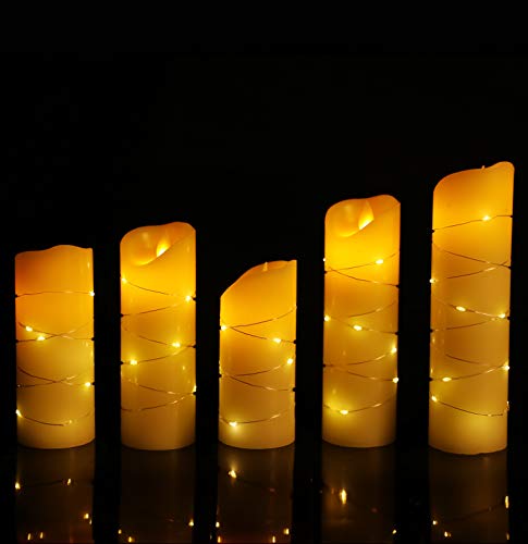 Danip Flameless Candle, With Embedded String Lights, 5-Piece Led Candles, With 10-Key Remote Control, 24-Hour Timer Function, Dancing Flame, Real Wax, Battery-Powered. (Ivory White) #TOP6
