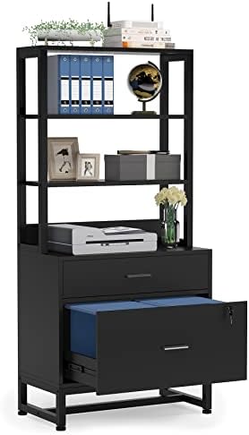 Tribesigns 2 Drawer Lateral File Cabinet with Lock, Letter Size Large Modern Filing Cabinet Printer Stand with Open Storage Shelves for Home Office, Black
