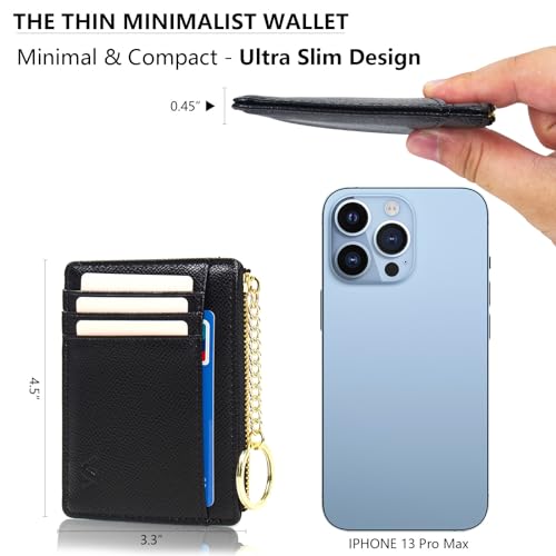 Image of Slim RFID Blocking Card Holder Small Pocket Wallet Keychian Zipper Coin Purse Mini Cash & Coin & Cards Case for Women Men, Black, s, Slim Rfid Blocking Card Holder Small Pocket Wallet