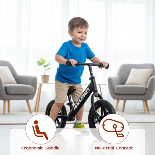 Image of Amazon Brand - Jam & Honey 12T Balance Bike for Kids | Adjustable Handlebar & Seat | Anti-Puncture Wheels | Max Weight 25 Kg | 2+ Years | Black