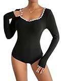 SweatyRocks Women's Pearls Beaded Long Sleeve Solid Tee Bodysuit Ribbed Knit Sweetheart Neck T-Shirts Bodysuit Tops Black M