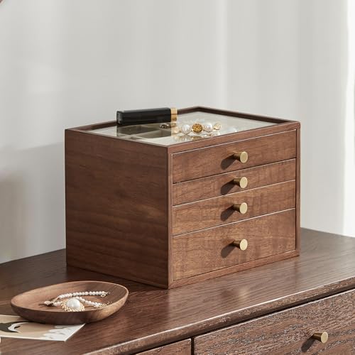 Homruilink Joyero de madera de nogal negro, organizador grande de 4 cajones con tapa de cristal para guardar collares, relojes, anillos y pendientes, Regalo para Ella