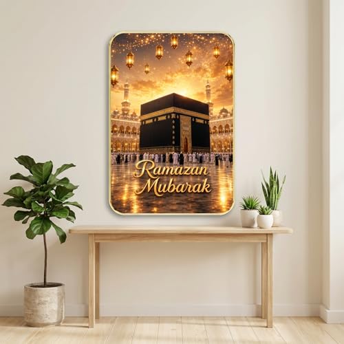 Image of SAF Islamic Ramadan Mubarak Kaaba Wall Painting with Premium PVC Golden Frame, Makkah Mosque Lantern Art, Muslim Religious Home Decor for Prayer Room (13x19 Inch) MG-36044